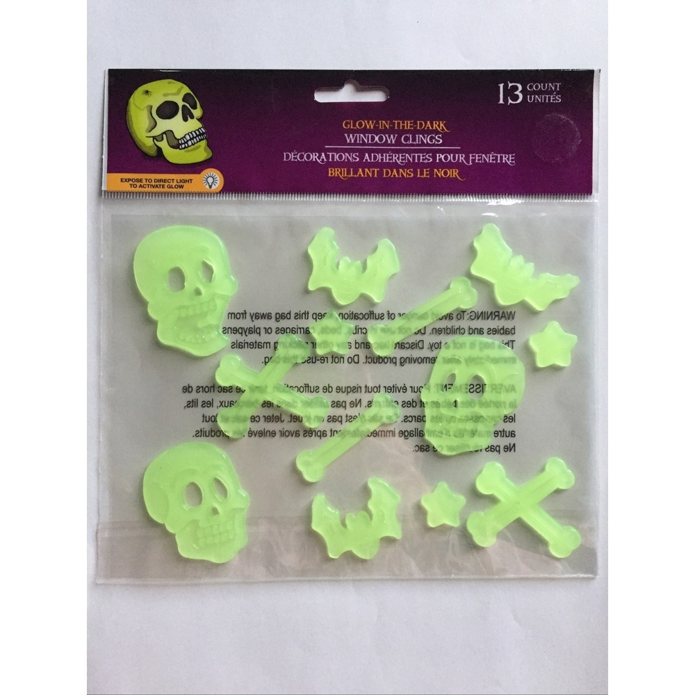 NEW Glow in the Dark HALLOWEEN Window Gel Clings 13 pc Skull & Crossbones Bats!